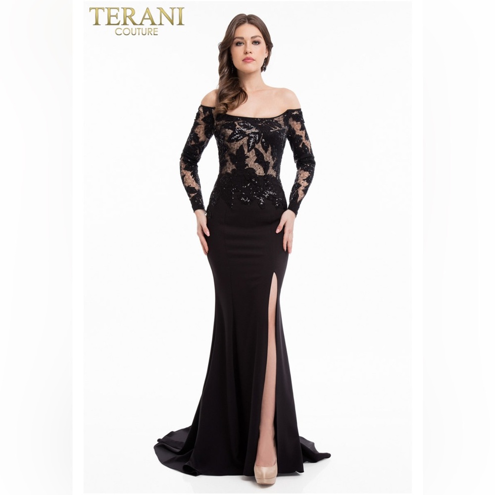 Terani Couture size S(4) black hand bead embroidery top event dress
